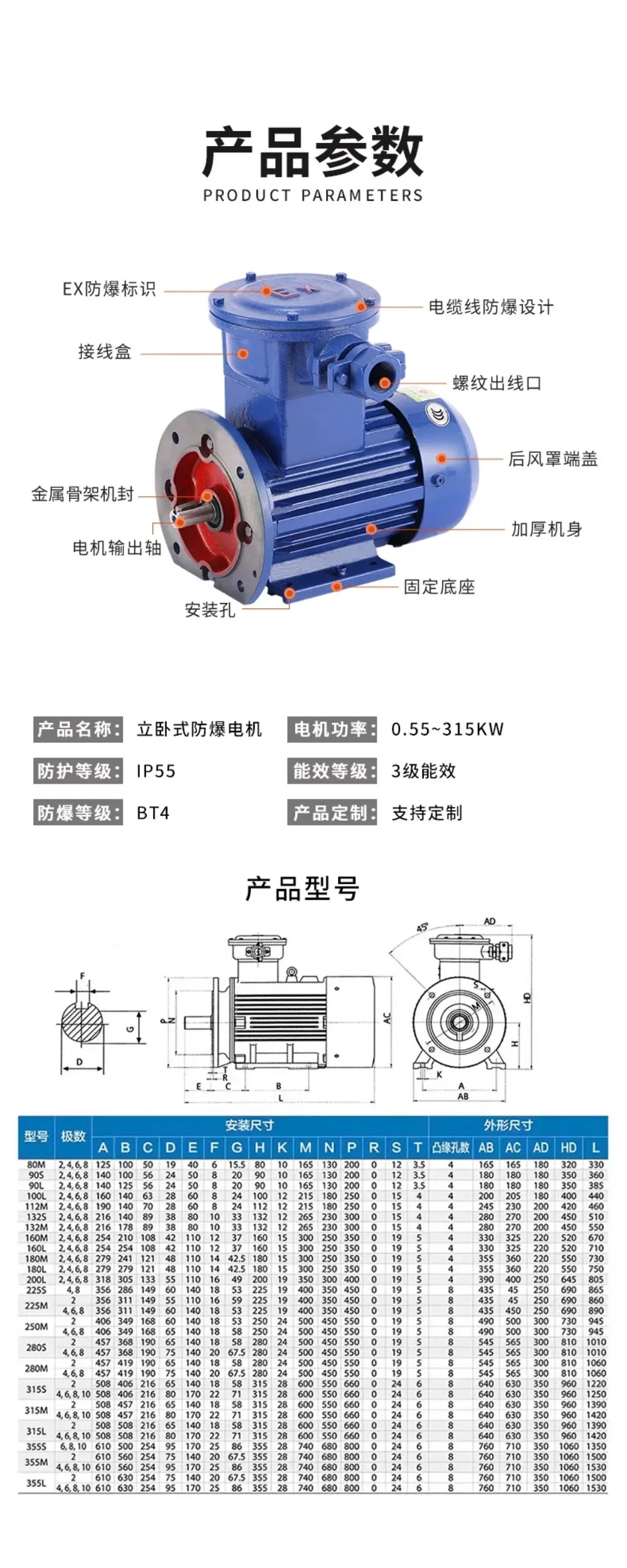 Jiangsu Hi-Tech YBX3 방폭 모터BT4 탄광0.75/1.1/3/4KW 수평 모터