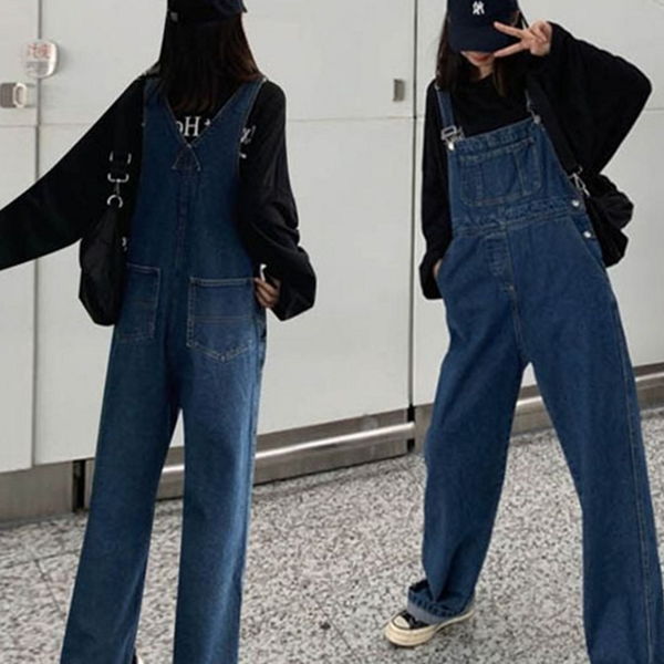 와이드 여성 점프 데님 여성 멜빵 바지 통바지 데일리 - 상품 이미지
