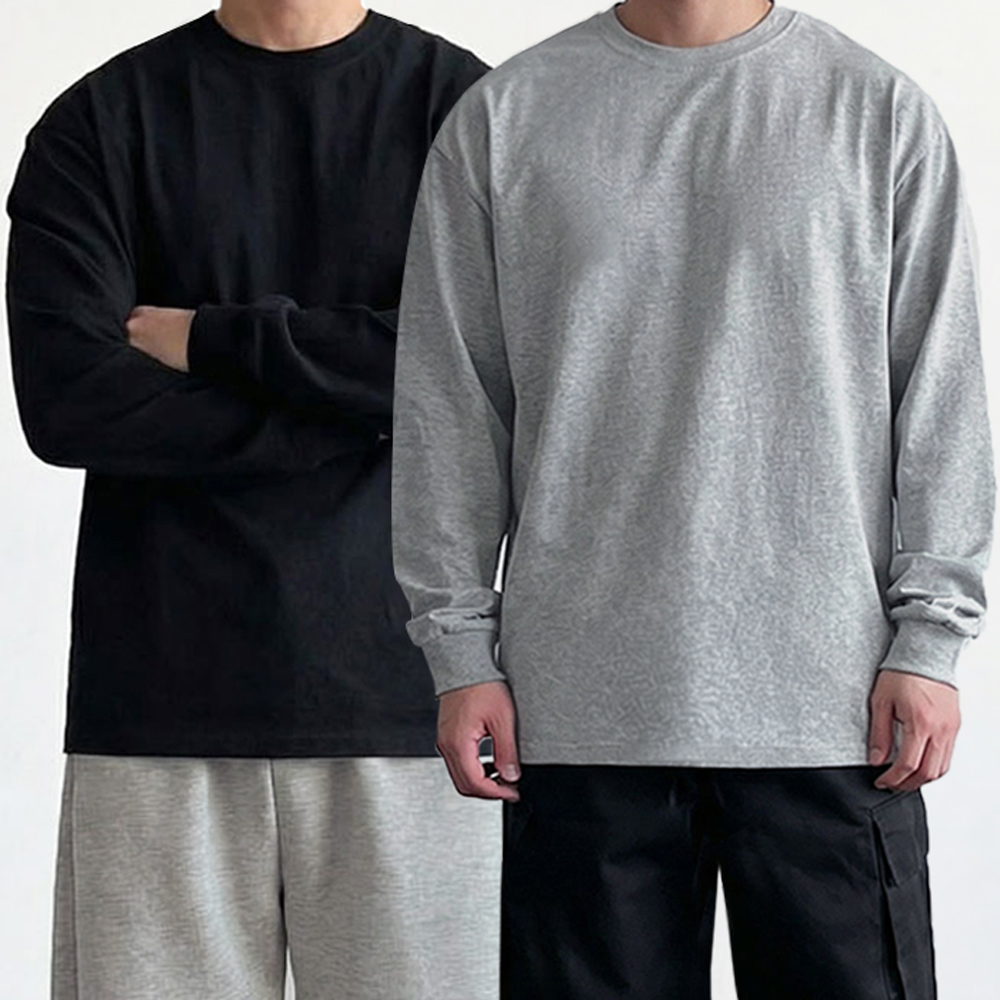 1+1 오버핏긴팔 흰색면티 무지긴팔티 어깨넓어보이는옷 오버핏맨투맨 - 상품 이미지
