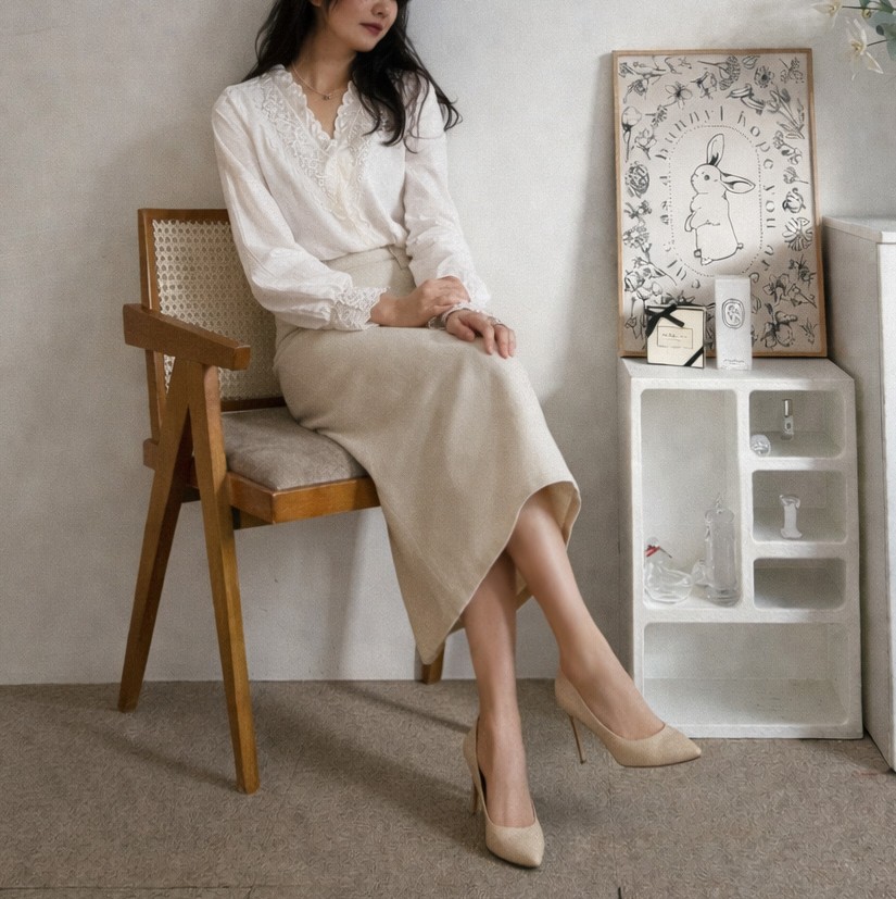 자수펀칭 아일렛 블라우스 여성 화이트 레이스 브이넥 셔츠 하객룩 이미지 6