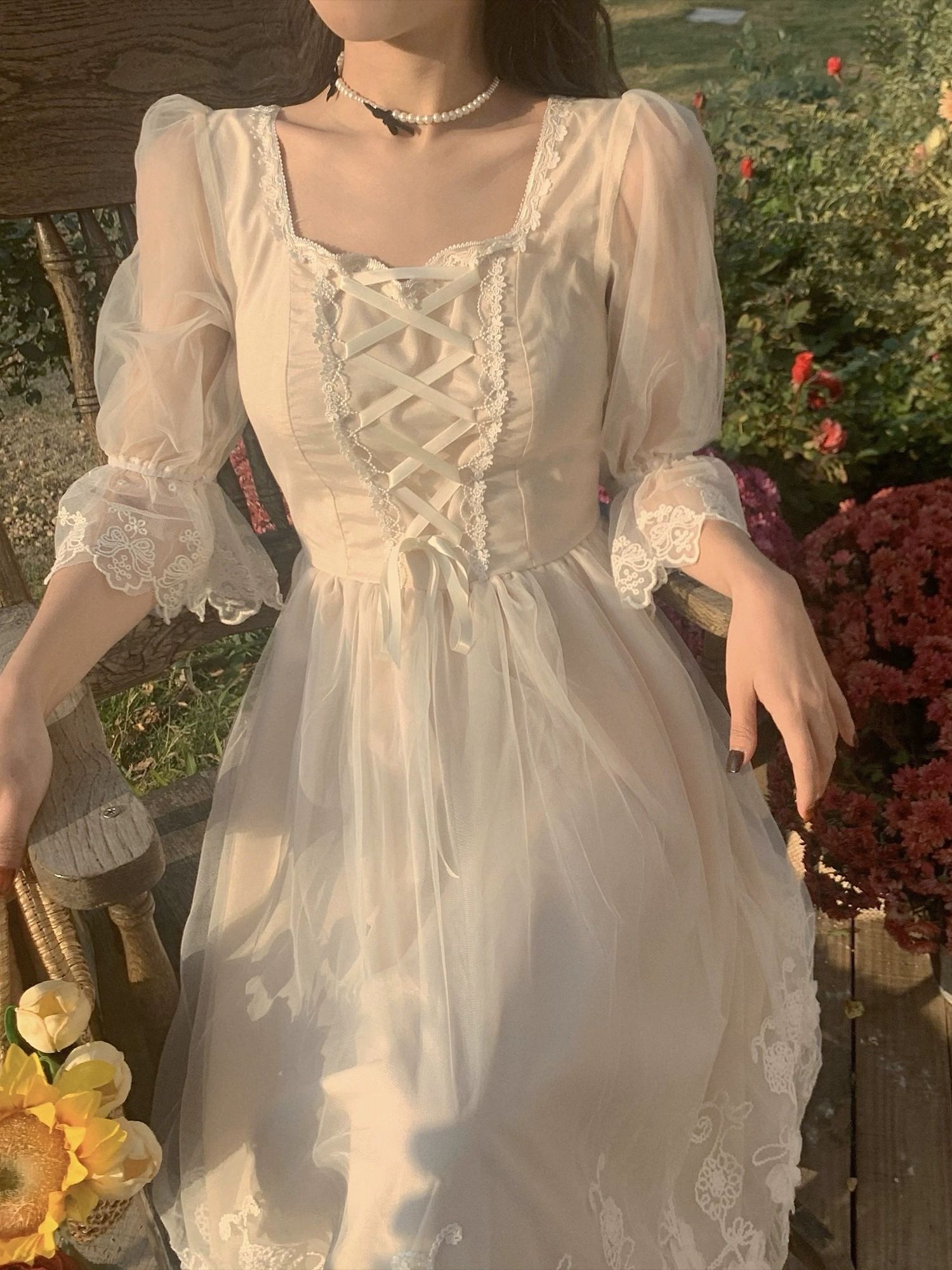 스퀘어카라 이브닝파티 여름원피스 스몰 셀프웨딩 2부 반팔 드레스 브라이덜샤워 연주회 시상 - 상세 이미지 5