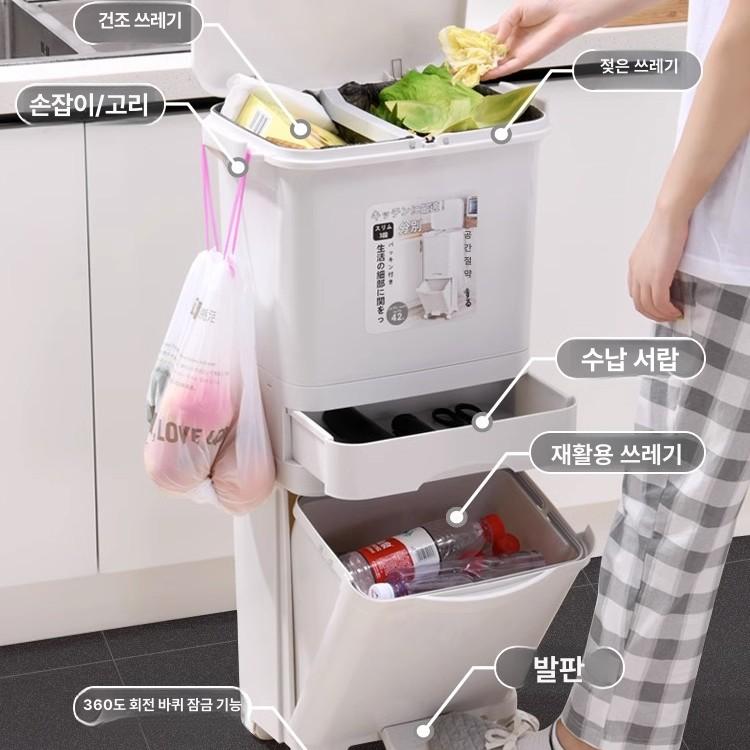 음식물 쓰레기통 벽걸이 바구니 업소용 가정용 분리수거함 38L 2단 수동뚜껑 + - 상세 이미지 5
