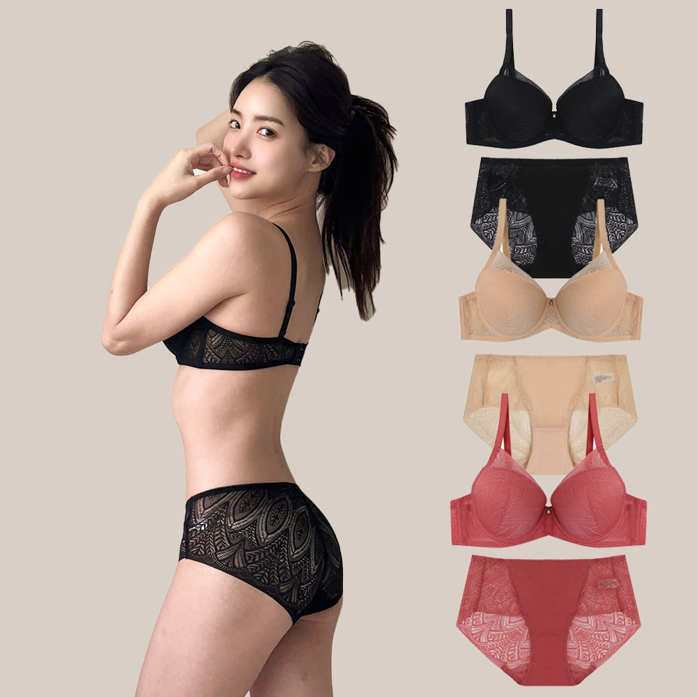 [브라3종+팬티3종] 여자 속옷 노라인 모던 레이스 몰드 브라 팬티 / 헴팬티 추가 구성 - 상품 이미지