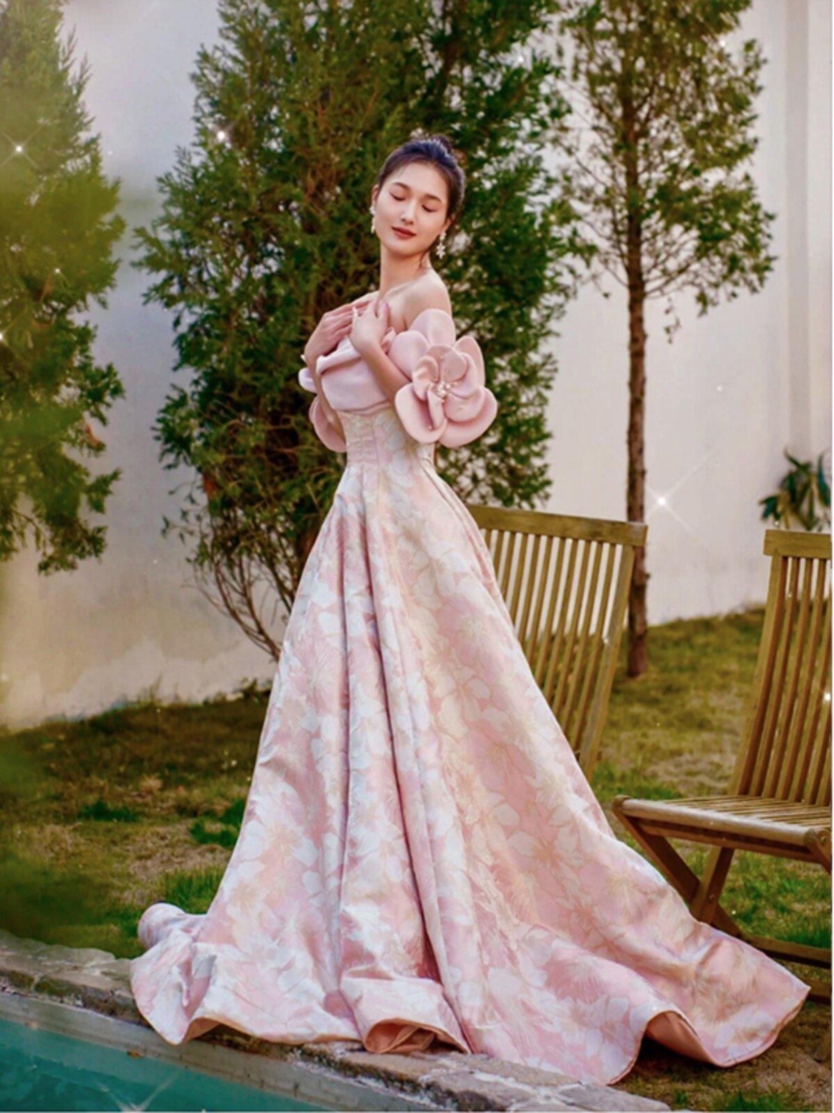핑크 꽃 결혼식 피로연 드레스 빅 플라워 - 상세 이미지 3