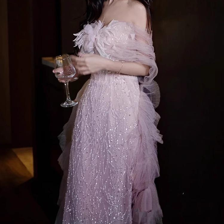 오프숄더웨딩드레스 핑크 결혼식2부드레스 이브닝 파티 - 상품 이미지