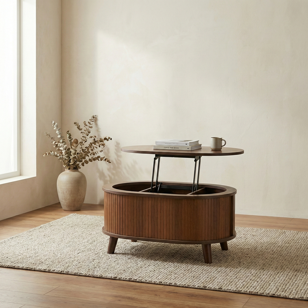 라노스 템바보드 리프트업 소파 거실 테이블 타원형 800x600mm, 딥브라운