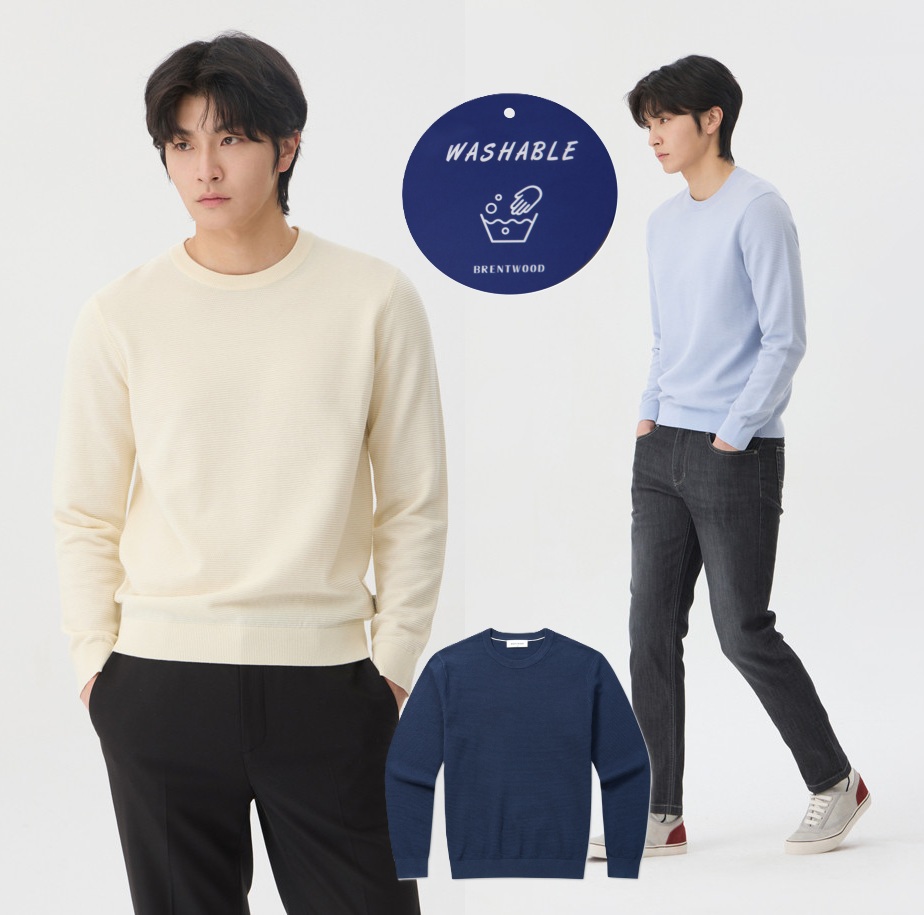 26년 코오롱 브렌우드 에센셜스 남성 봄가을 워셔블 라운드넥 간절기 물세탁가능 니트 스웨터 - 상품 이미지