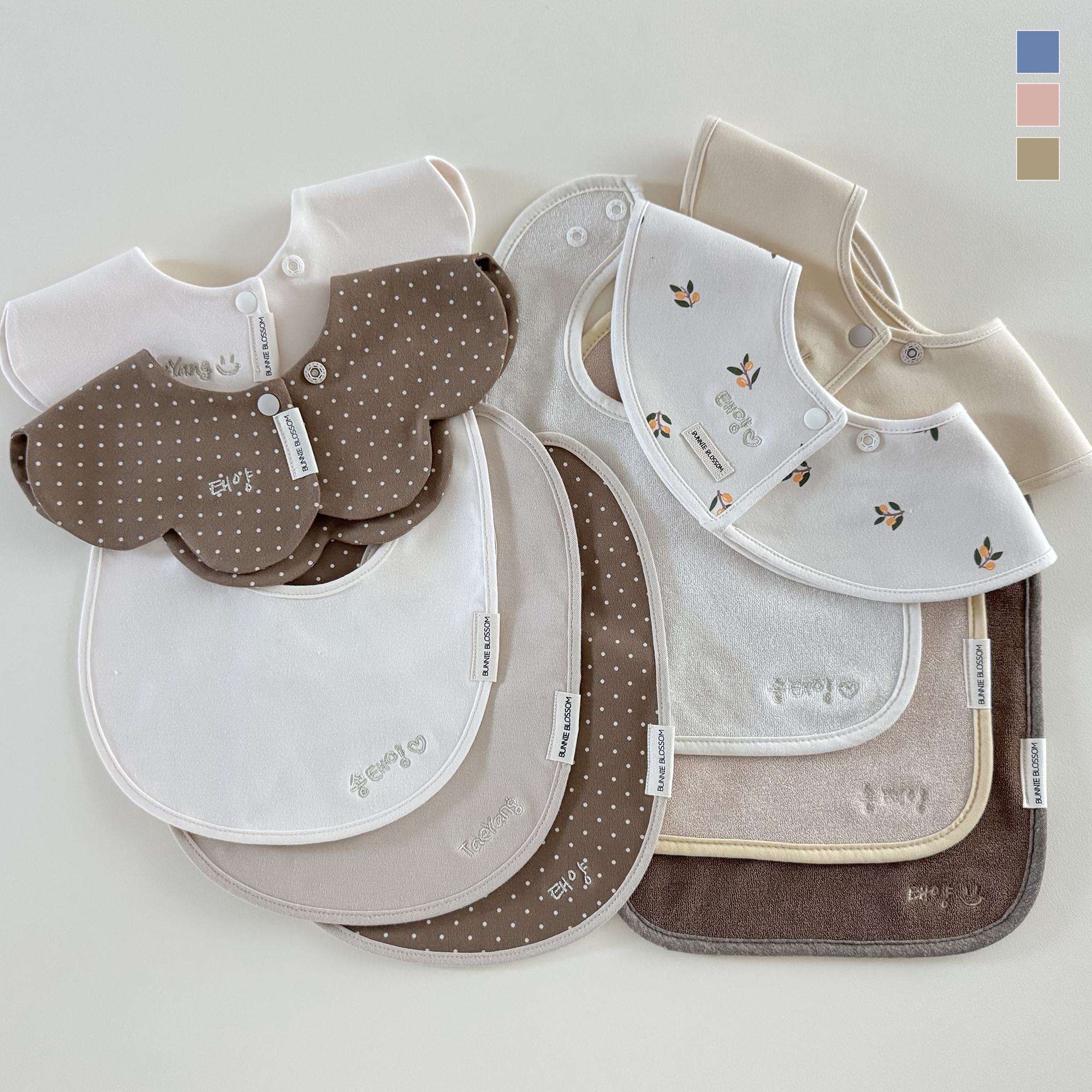 [바니블라썸]이름 자수 아기턱받이 10장세트 어린이집 준비물 순면 테리 유아 침받이 턱받이