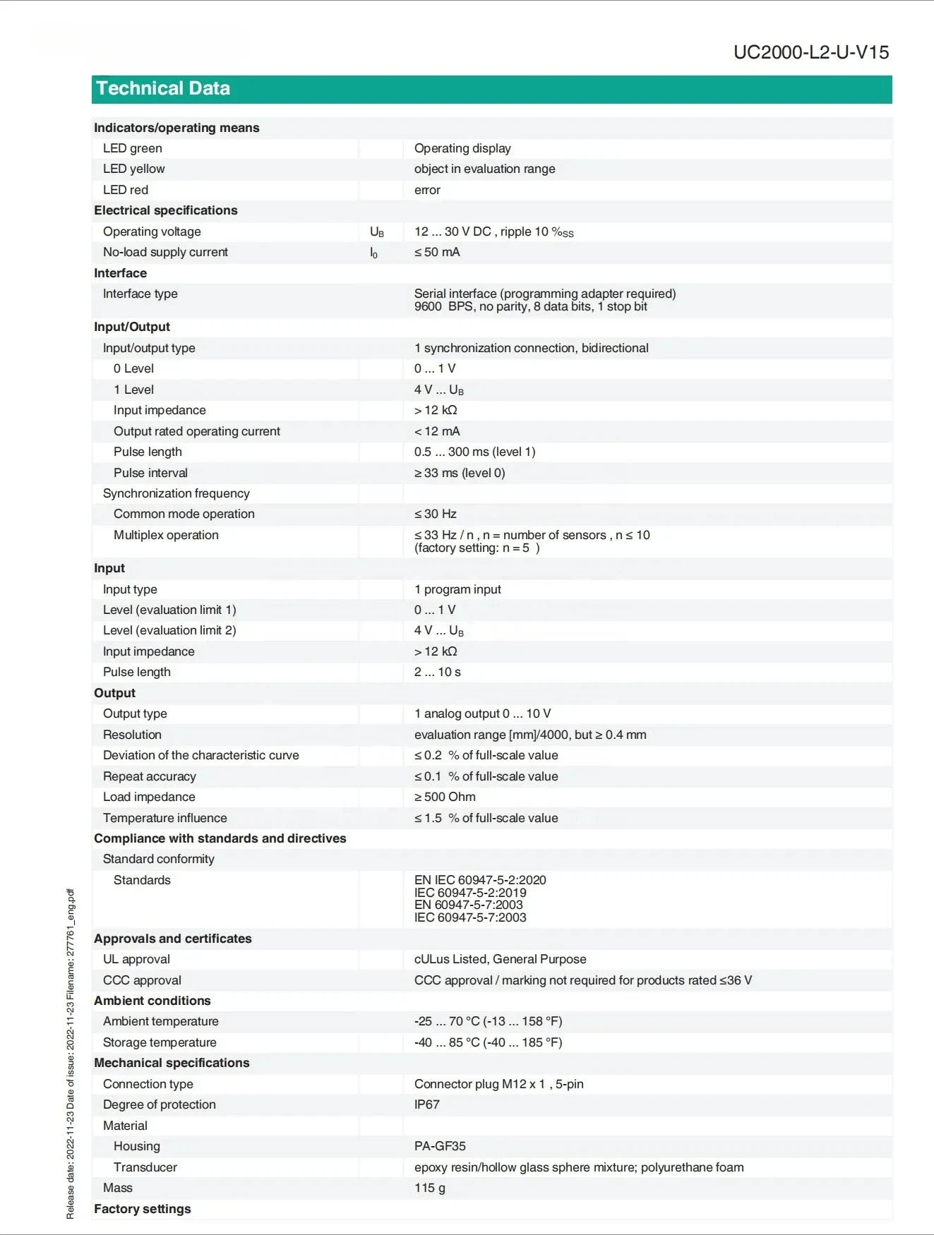초음파 센서 PF UC2000-L2-U-V15 UC2000-L2-I-V15