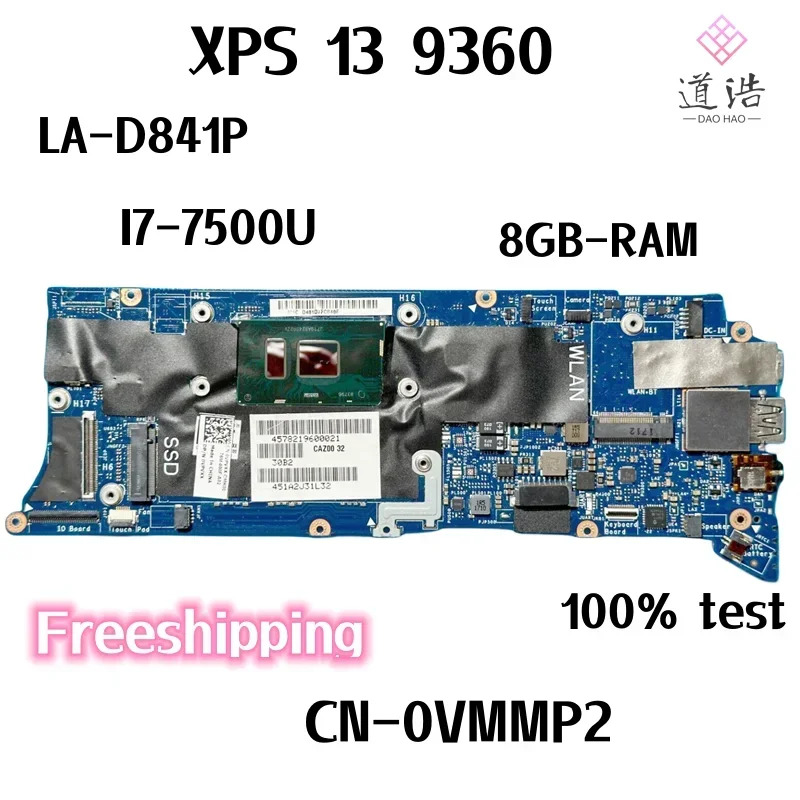 CN-0VMMP2 Dell XPS 13 9360 노트북 마더보드 CAZ00 LA-D841P 0VMMP2 VMMP2 I7-7500U CPU 8GB-RAM 메인보드 완전 작동