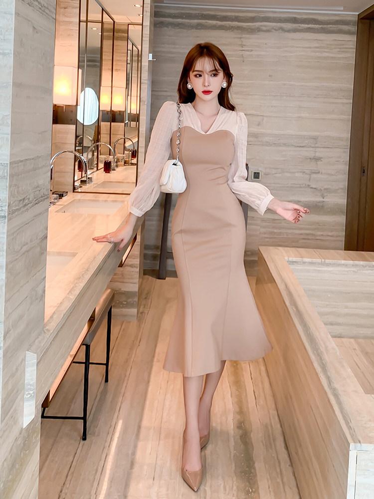 피로연원피스 상견례옷차림 배색 머메이드 원피스 - 상세 이미지 4