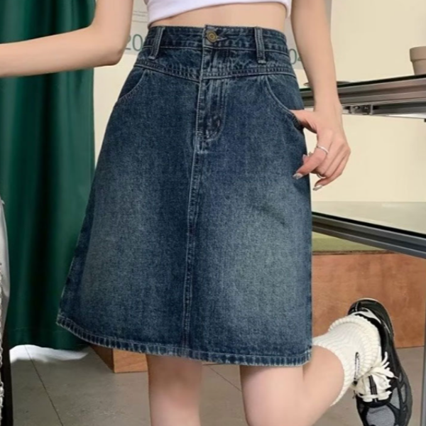 하이 여성 데님 스커트 캐주얼 여성 미디 스커트 진청 치마 - 상품 이미지