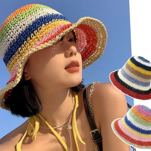 레인보우 여성 버킷 햇 밀짚 버킷 햇 비치 여름 - 상품 이미지