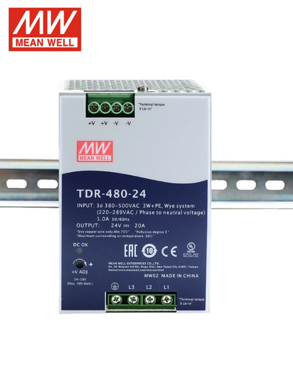 대만 Mingwei TDR-480 스위칭 전원공급장치 3상380V 24V 48V DC 레일 Drt 480W