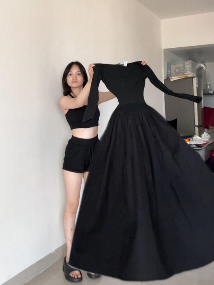 청순 블랙 드레스 우아한 웨딩 원피스 이브닝 파티드레스 A라인 긴팔 맘드레스 - 상세 이미지 2
