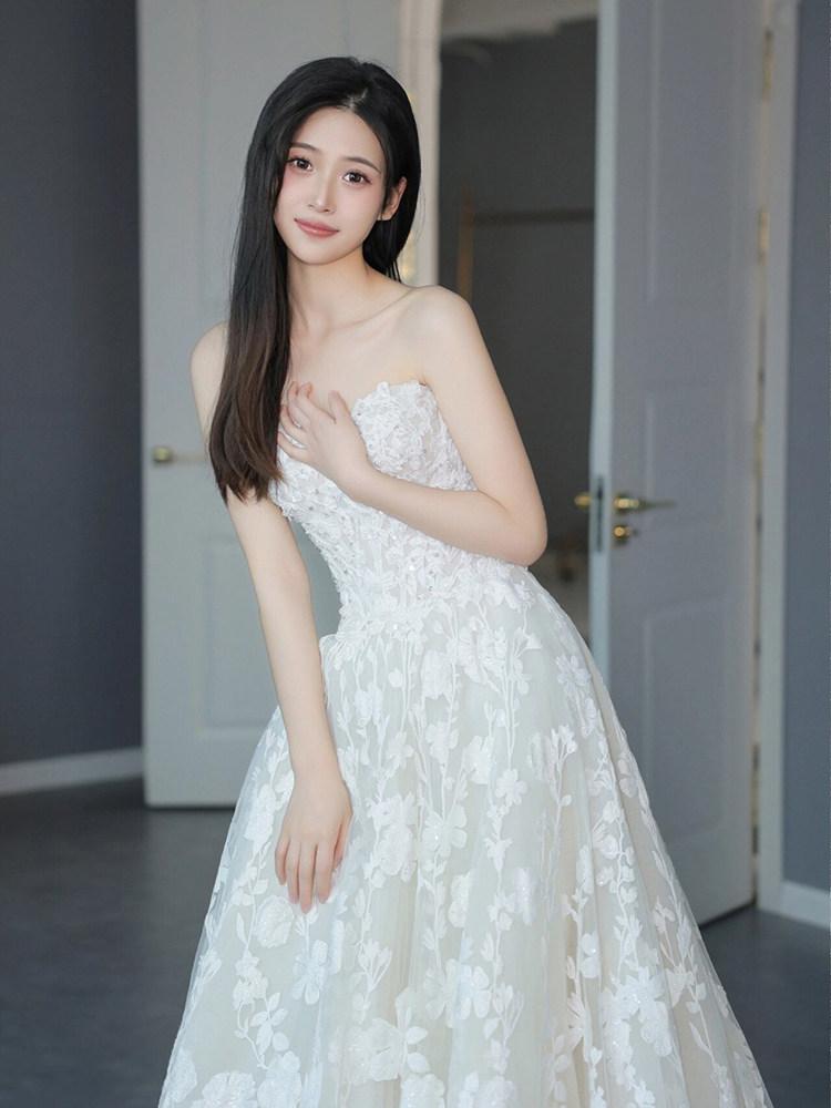 A라인 튜브탑 심플 웨딩드레스 촬영 결혼식 2부 드레스 프렌치 시크 - 상세 이미지 2