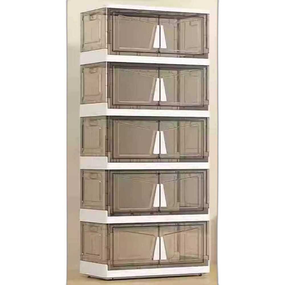 양문형 리빙박스 수납 폴딩 펜트리 접이식 투명 옷장 48cm / 베이지 핸들 / 4단 - 상품 이미지