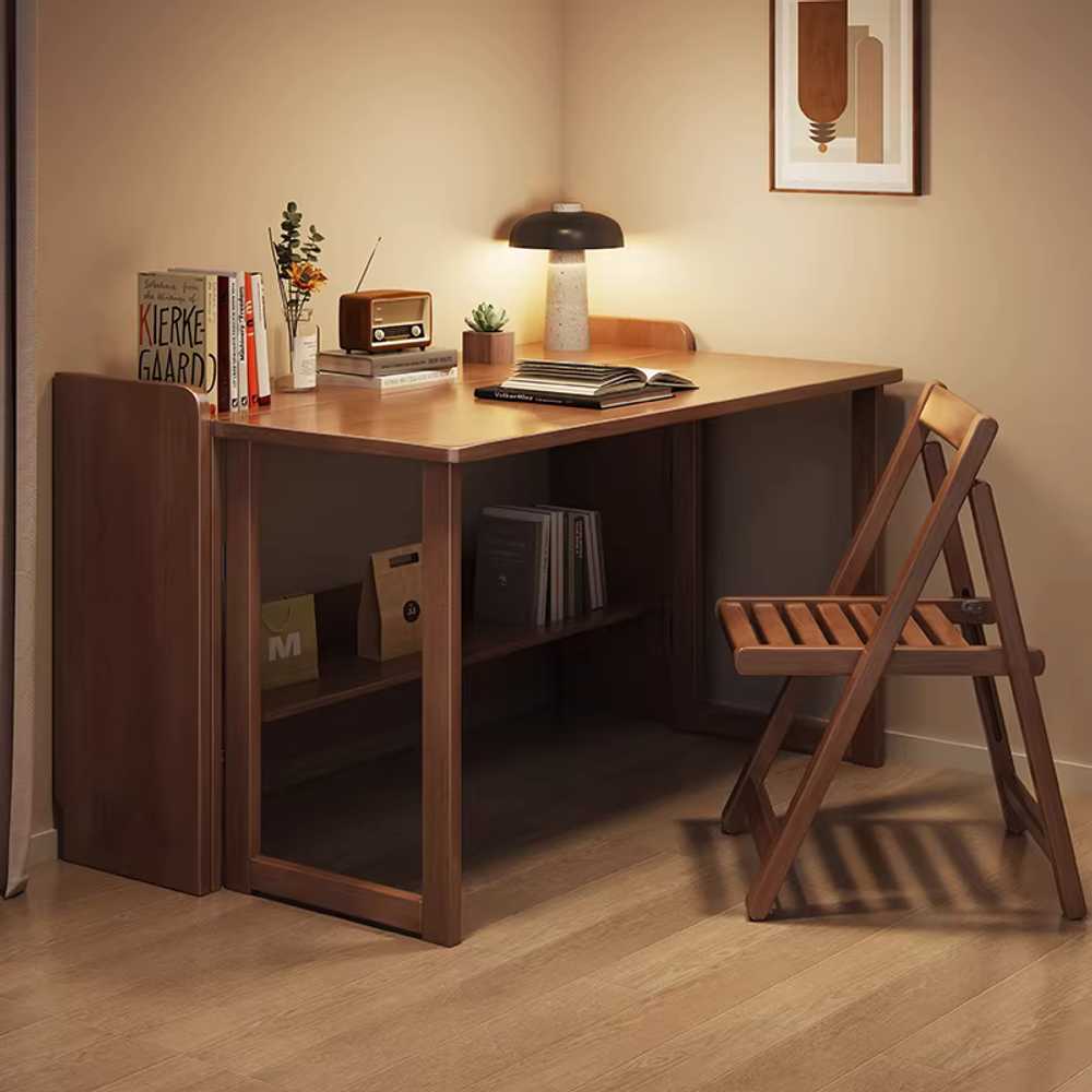 원목 접이식 책상 공부방 좁은공간 서재 공부 선반형 월넛 테이블+의자 80x60x75cm - 상세 이미지 4