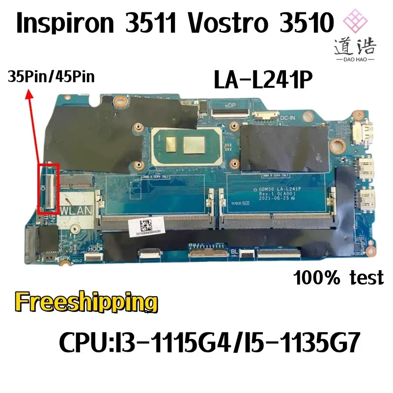 Dell piron 3511 Vostro 3510 노트북 마더보드 CPUGDM50 LA-L241PI3-1115G4/I5-1135G7 DDR4 메인보드 완전 작동