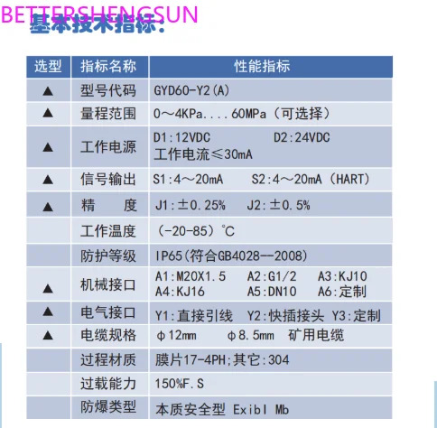 압력센서 GYD60-Y2 A 범위 0-0.1 mPA 출력 4-20mA