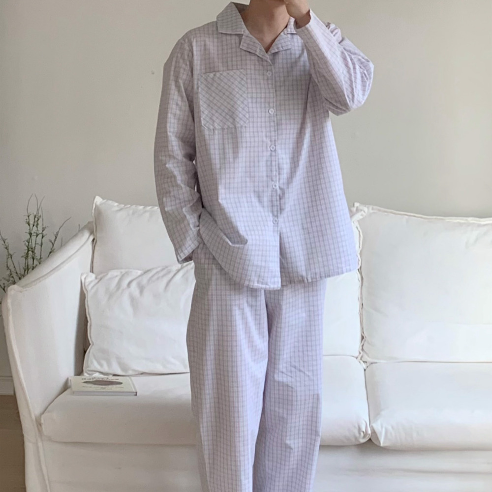 안달라붙는 가벼운 순면 남자 잠옷 긴팔 알리에 체크 홈웨어 세트 - 상세 이미지 3