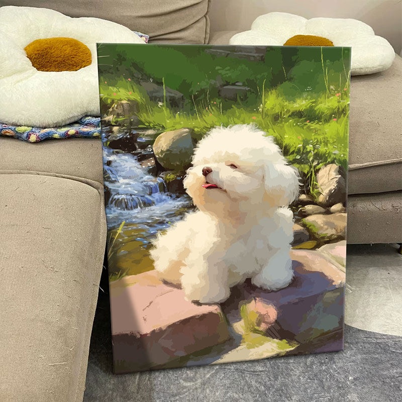 명화그리기 대형 유화 비숑 강아지 그림 감성 동물 일러스트 아름다운 자연 풍경 호수 - 상세 이미지 4