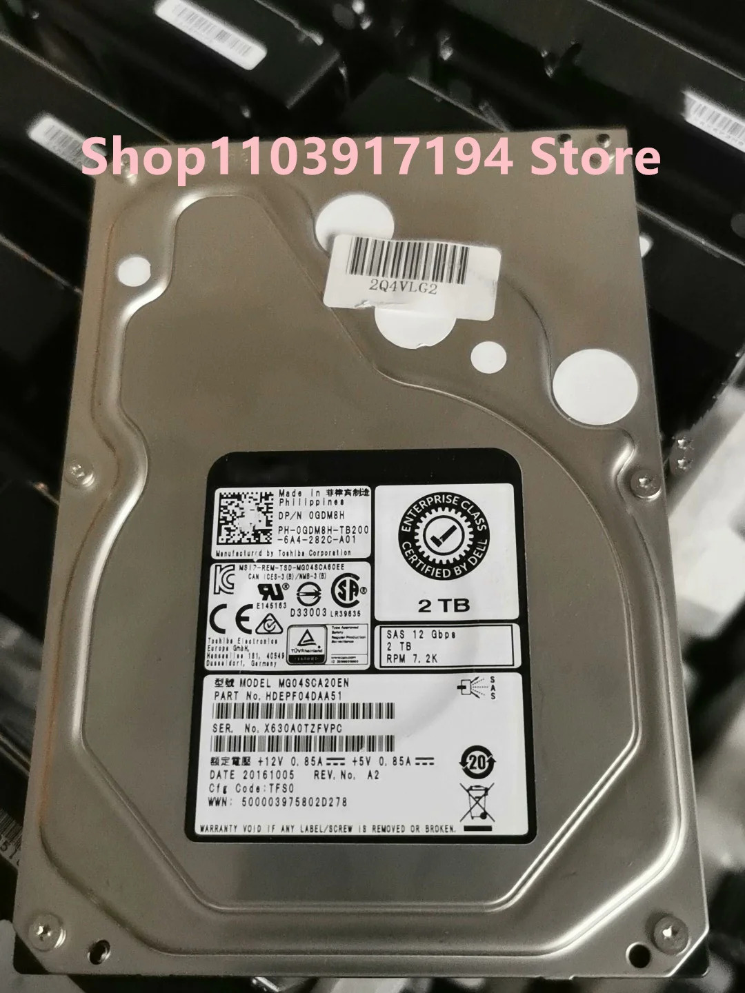 델 2TB 12G 7.2K SAS 3.5 인치 오리지널 하드 MG04SCA20EN 0GDM8H