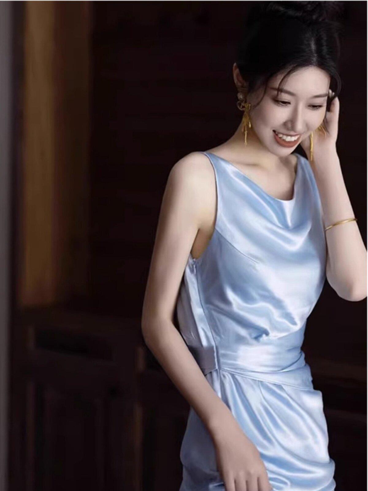 웨딩이브닝드레스 연주회원피스 하늘색 피로연드레스 - 상세 이미지 5