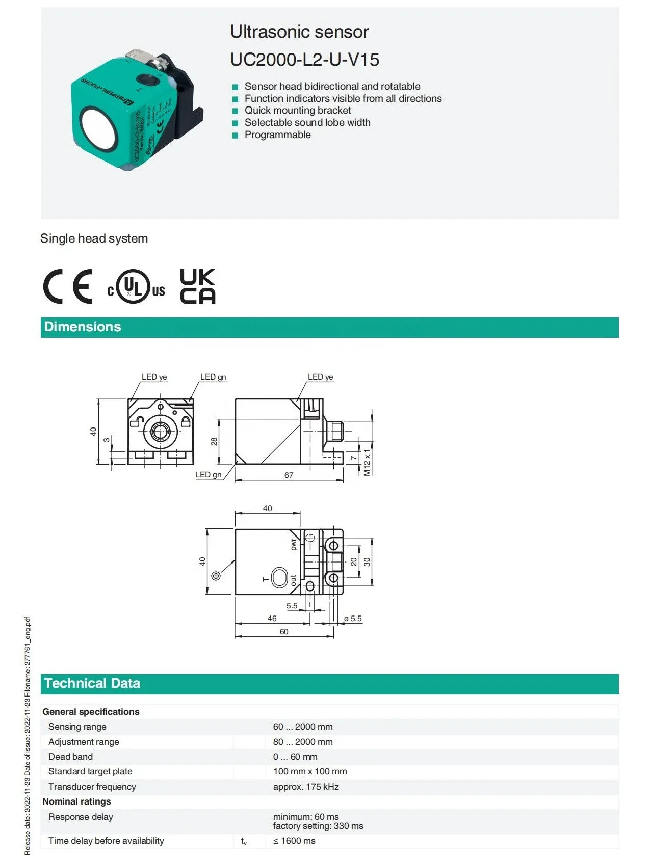 초음파 센서 PF UC2000-L2-U-V15 UC2000-L2-I-V15
