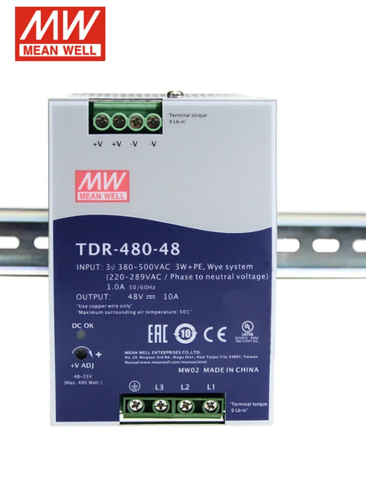 대만 Mingwei TDR-480 스위칭 전원공급장치 3상380V 24V 48V DC 레일 Drt 480W