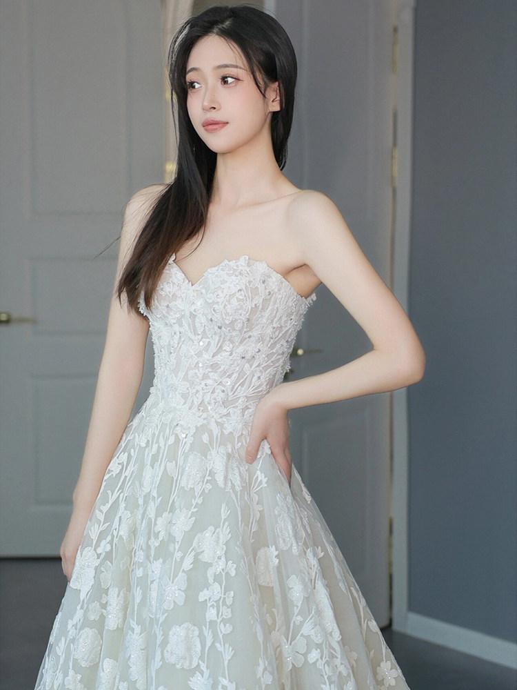 A라인 튜브탑 심플 웨딩드레스 촬영 결혼식 2부 드레스 프렌치 시크 - 상세 이미지 4