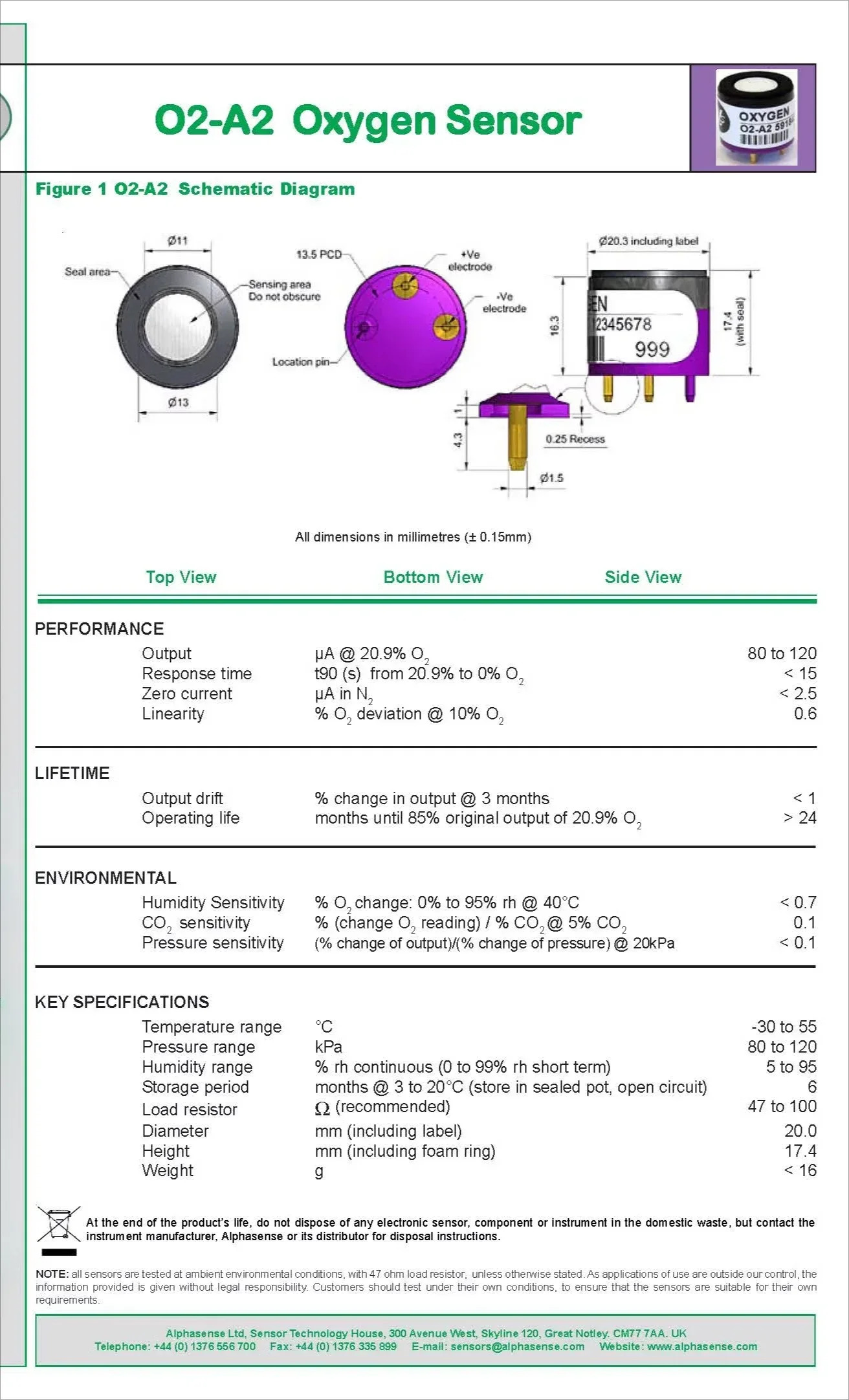 된 알파 산소 센서 셀 O2-A2 02-M2 프로브