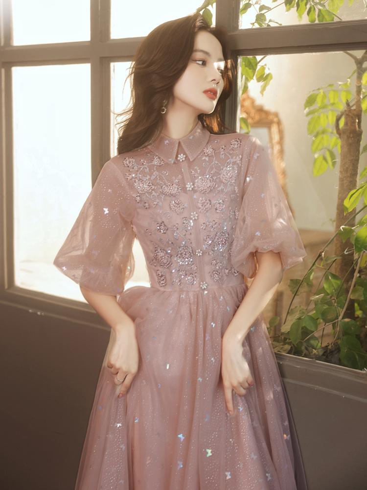 셀프웨딩드레스구입 유색드레스 핑크 2부 카라 연주복 - 상품 이미지