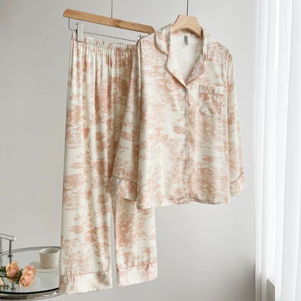 뜨왈 실크 잠옷 파자마 프렌치패턴 파자마세트 홈웨어 Beige Long Sleeve, M - 상세 이미지 2