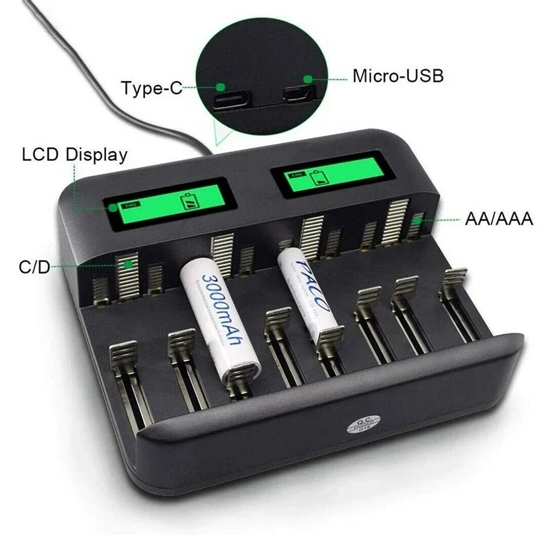 LCD 디스플레이 스마트 배터리 충전기 AA/AAA C/D 충전식 배터리8 슬롯 H0045
