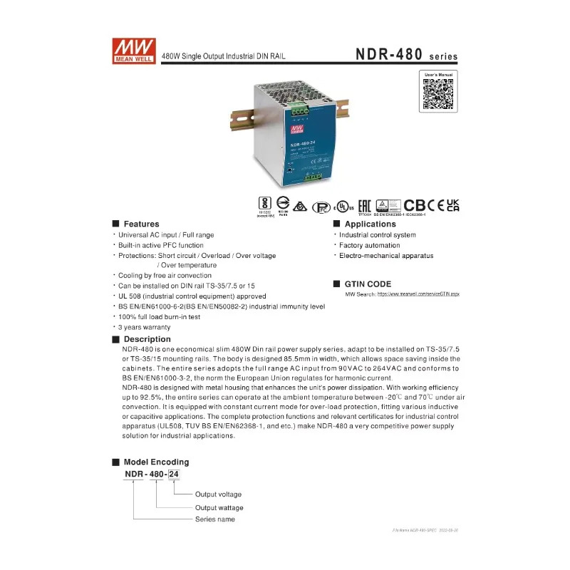 MEAN WELL NDR-480 시리즈 NDR-480-24 NDR-480-48 480W 산업DIN 레일 단일 출력