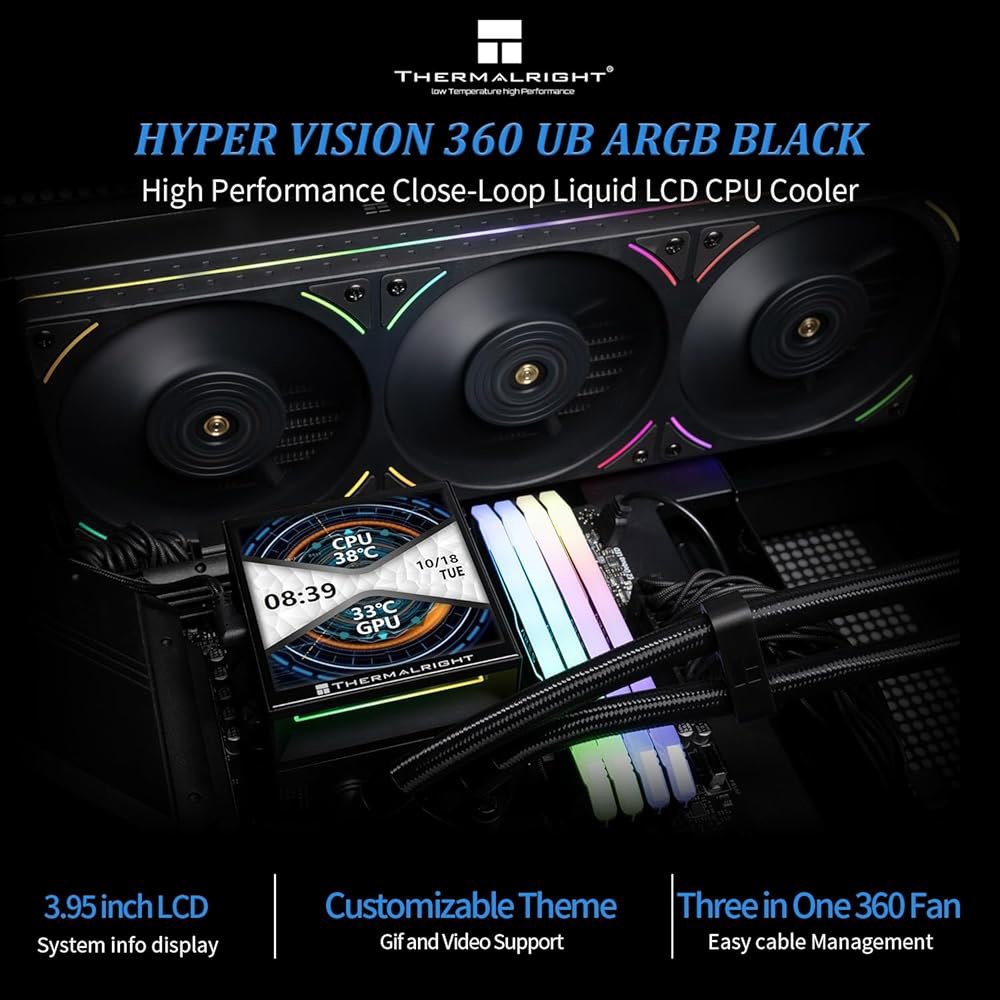 Thermalright HyperVision 360 UB ARGB 블랙 CPU 워터 쿨러, 360mm Aio, 480x480 해상도의 IPS LCD 화면, 마그네틱 패널 AM4 - 상세 이미지 3