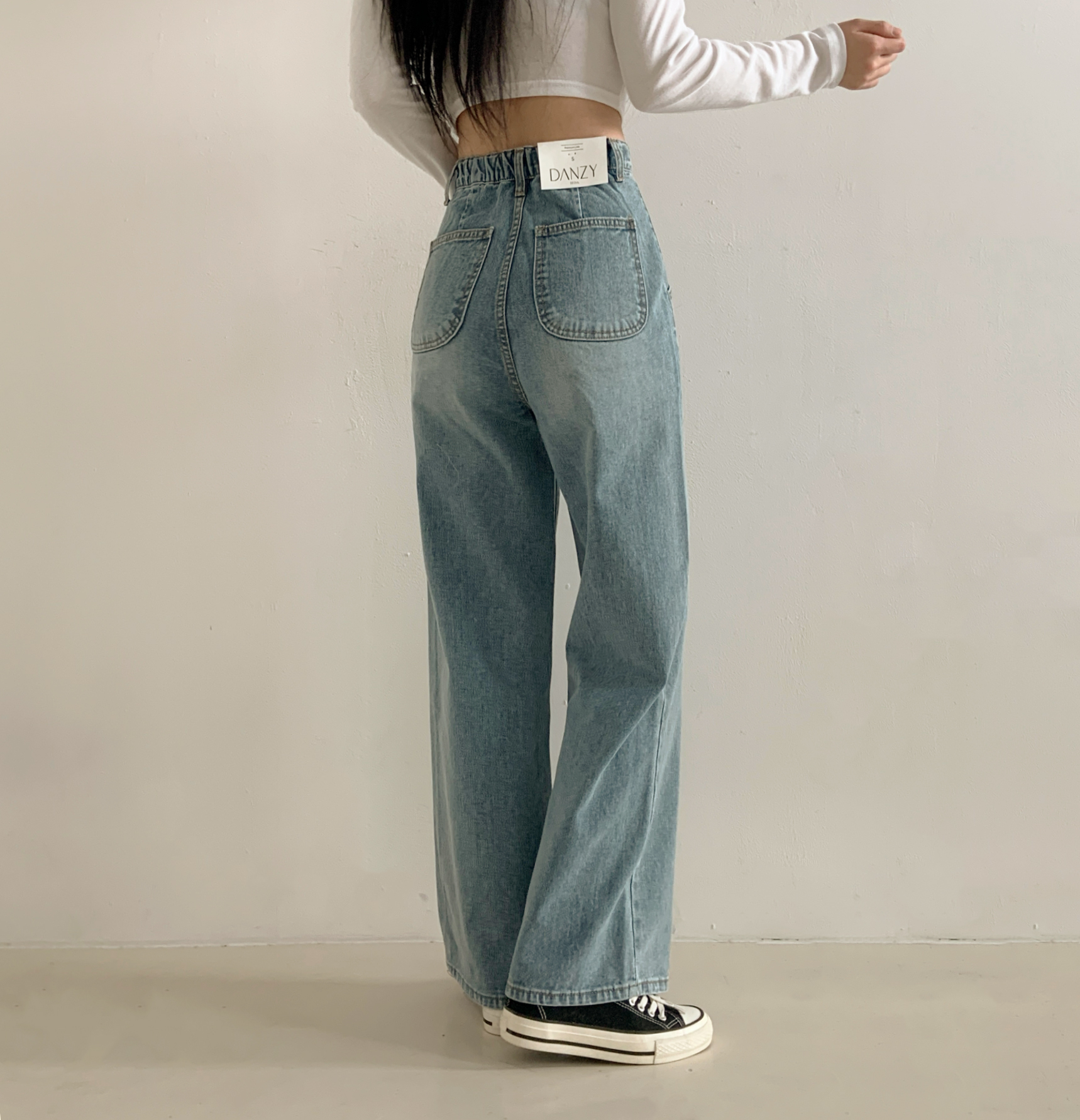여자 연청 세미와이드 일자핏 봄청바지 뒷밴딩 라운드포켓 하이웨스트 데님팬츠 (S~XL) 이미지 6