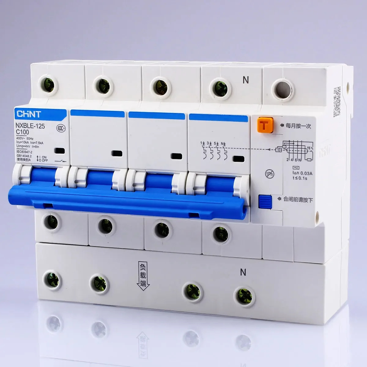 CHNT CHINT NXBLE-125 63A 80A 100A 125A 4P RCBO 잔류 전류 작동 회로차단기 보호 소형 에어 스위치