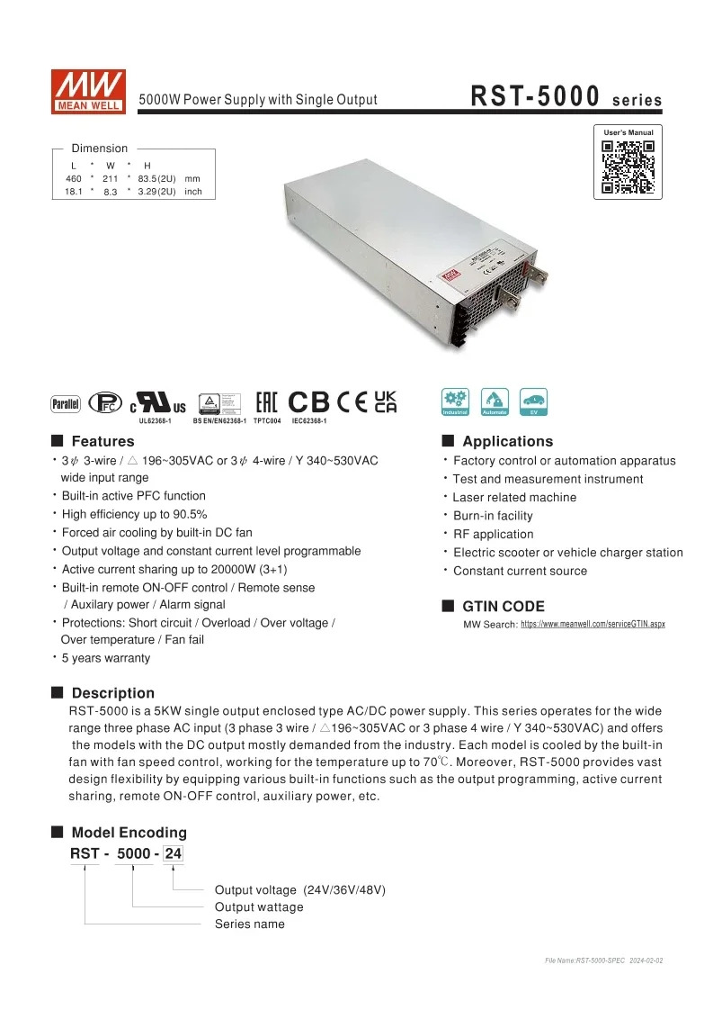 MEAN WELL RST-5000-24 RST-5000 24V 200A 5000W 전원공급장치단일 출력 포함