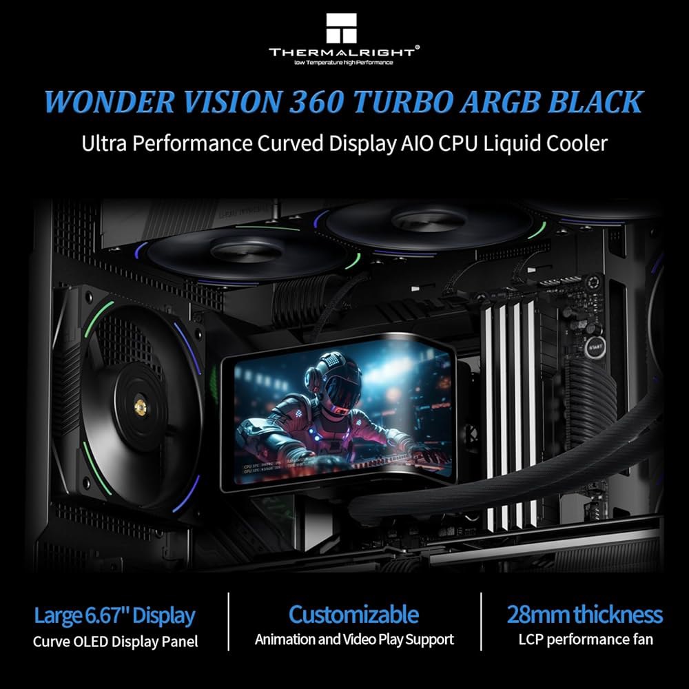 Thermalright Wonder Vision 360 터보 ARGB 블랙 CPU 워터 쿨러, 2400x1080 해상도의 60Hz 커브드 스크린, AM4 / AM5용, 인텔 LGA - 상세 이미지 2