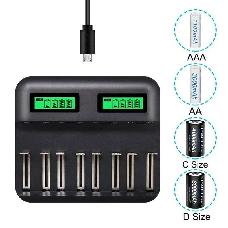 LCD 디스플레이 스마트 배터리 충전기 AA/AAA C/D 충전식 배터리8 슬롯 H0045