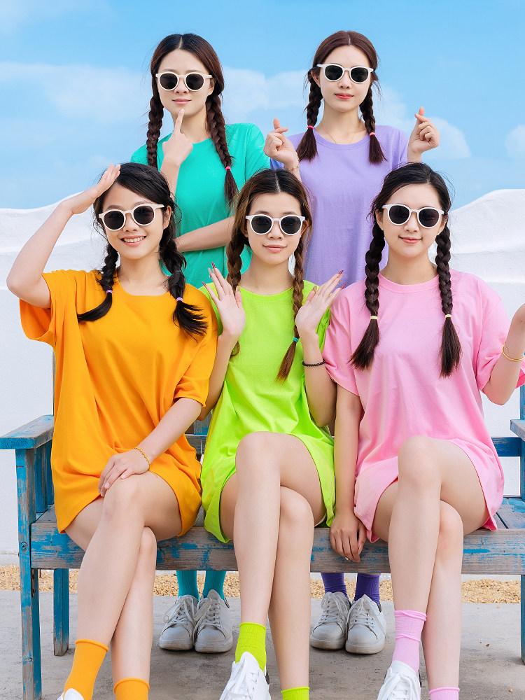 무지개티 맞춤티 가족여행 시밀러룩 우정 단체복 커플 형광녹색 S - 상품 이미지
