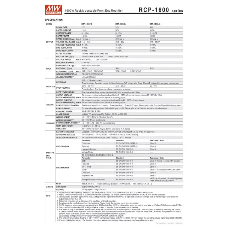 MEAN WELL 스위칭 전원공급장치 RCP-1600 시리즈 RCP-1600-12 RCP-1600-24 RCP-1600-48 1600W 랙 장착형 프런트 엔드 정류기