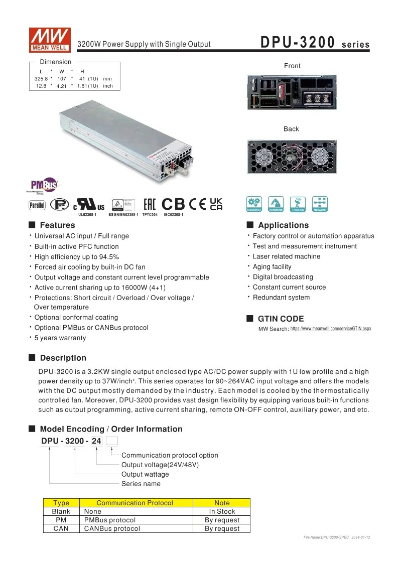 MEAN WELL DPU-3200-24 24V 133A 3192W DPU-3200스위칭 전원공급장치 3200W 고효율 PFC 병렬 조정 가능