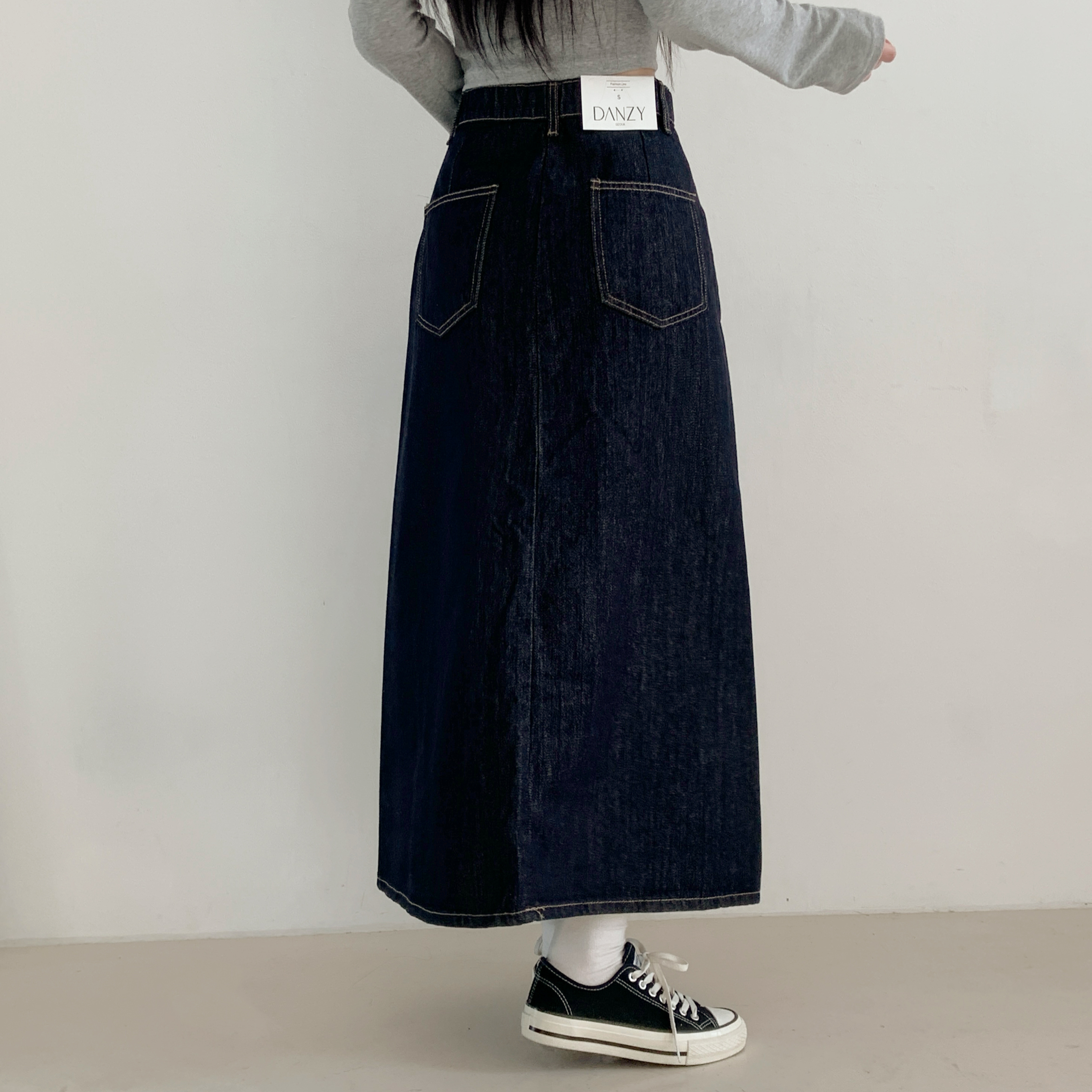 여성 논페이드 커브드 절개 맥시 청스커트 난스판 히든밴딩 롱데님 봄 롱청치마(S-XL) - 상세 이미지 4