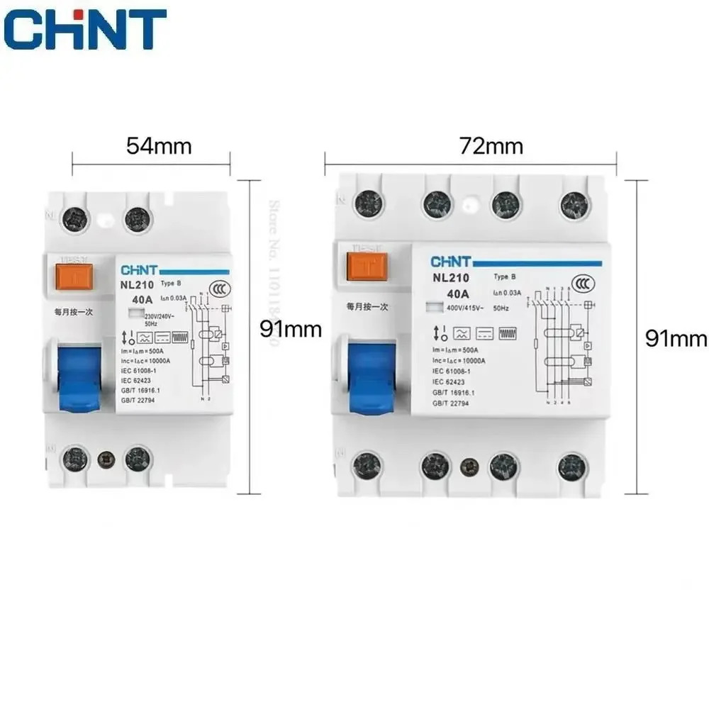 CHINT NL210 B RCCB 3PN 4P 2P 1PN 63A 40A 25A 30MA EV 충전누전 차단기 잔류 전류 보호