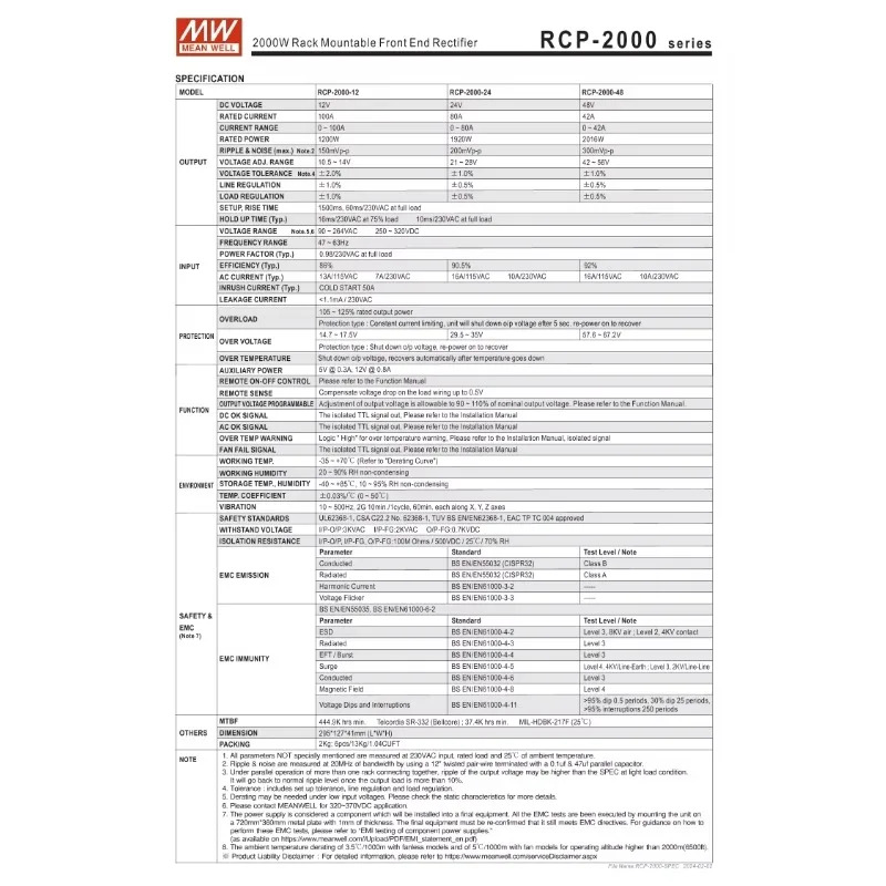 MEAN WELL 스위칭 전원공급장치 RCP-2000-12 RCP-2000-24 RCP-2000-48V 1200W 랙 장착형 전면 장착 정류기