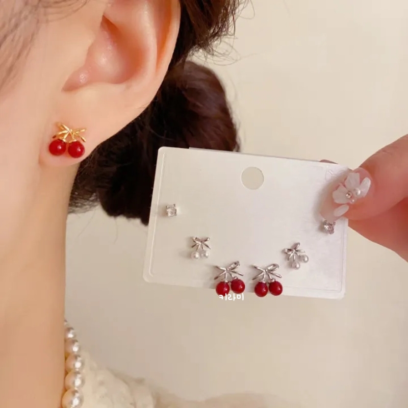 미니 레드 볼 리본 귀걸이세트 S925 레이어드 이어링 이미지 7