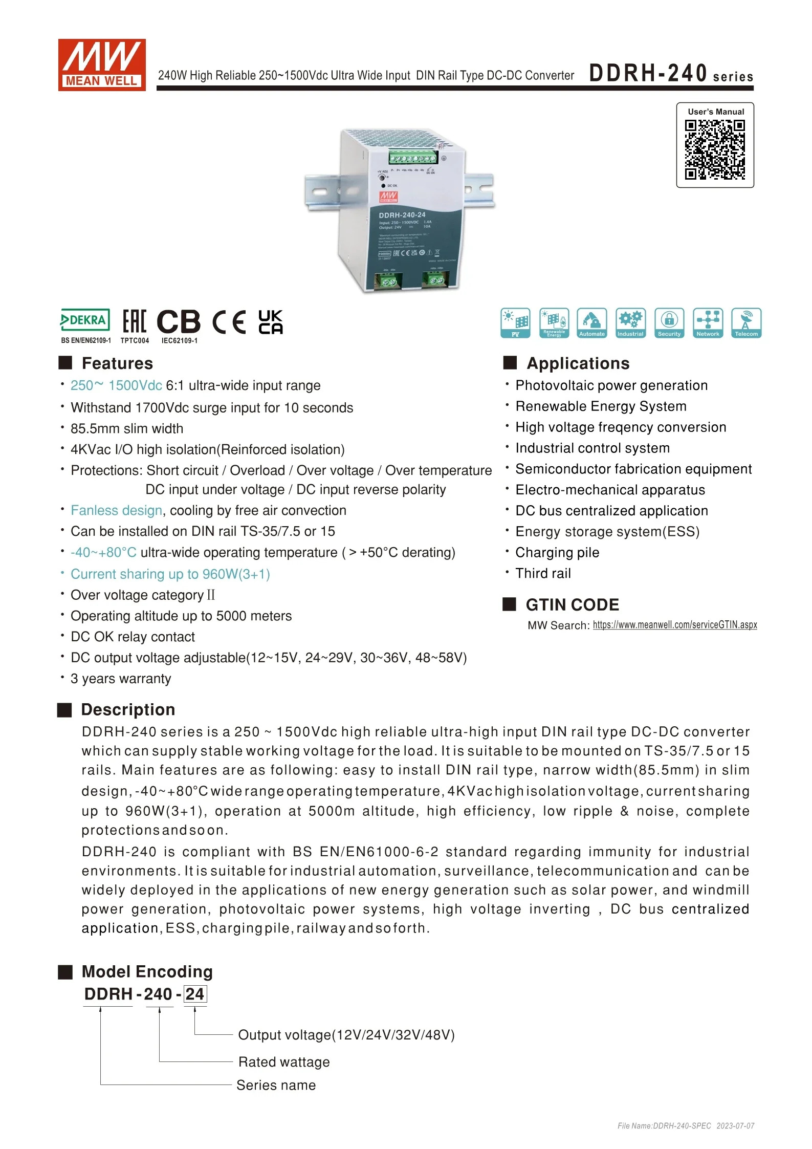 MEAN WELL DDRH-240 240W 초광각 입력 250-1500V DC-DC 12V 24V 32V 48V DIN 레일 변환기